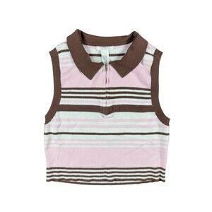 Full Tilt Y2K Striped Sweater Cropped Top Pink Brown Zip Collar Sleeveless Large